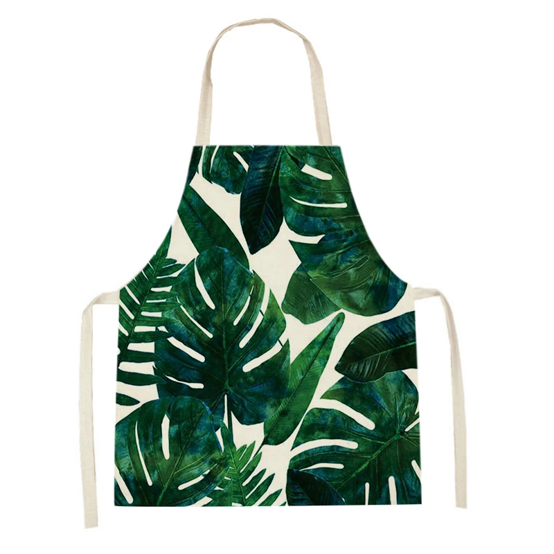 Women Men Tropical Green Plants Printed Kitchen Apron Adults Kids Linen Sleeveless Aprons Home Cooking Baking Cleaning Tool