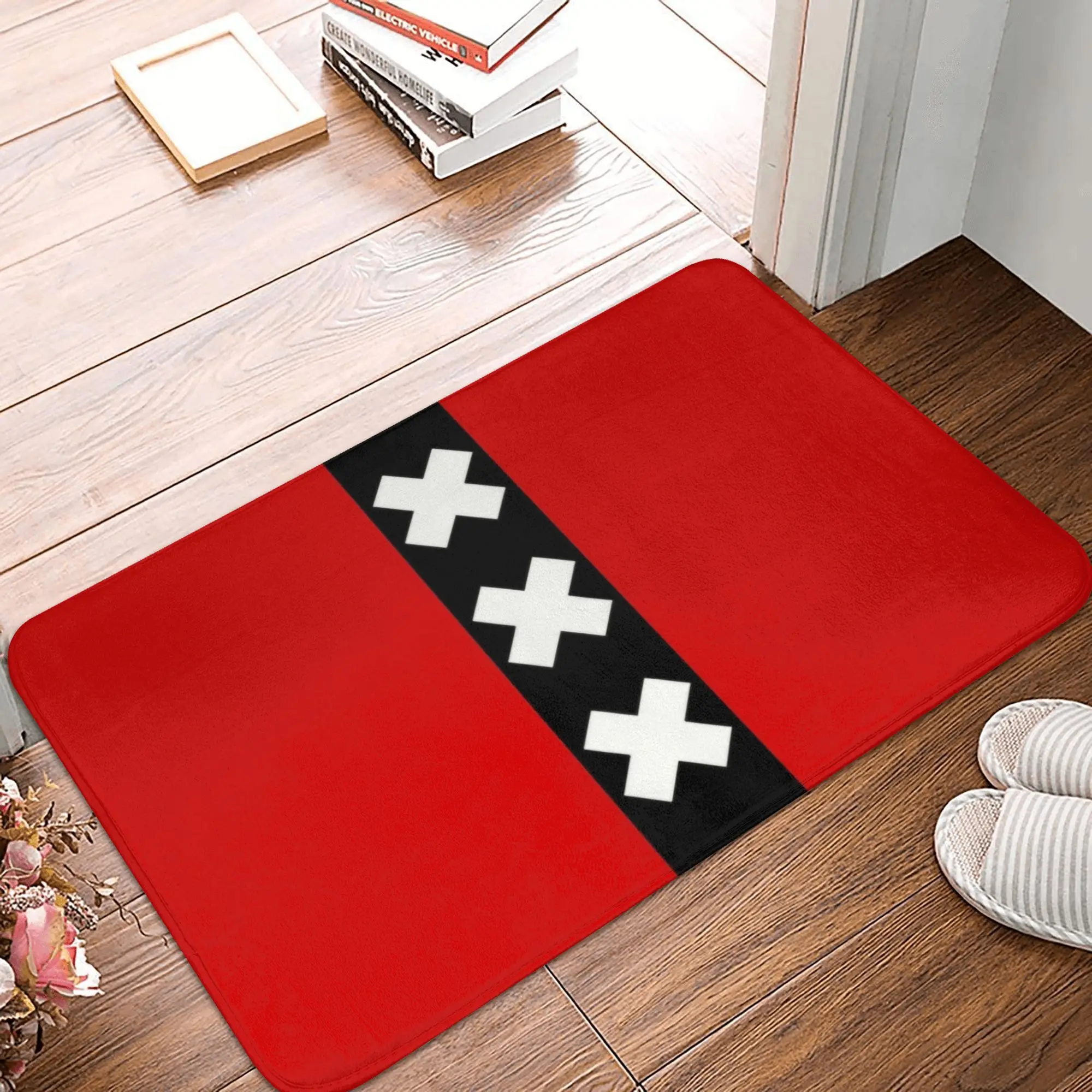 Black Cross Pattern Printed Flannel Rug Minimalist Design Non Slip Floor Mat For Bedroom Living Room Modern Home Decor