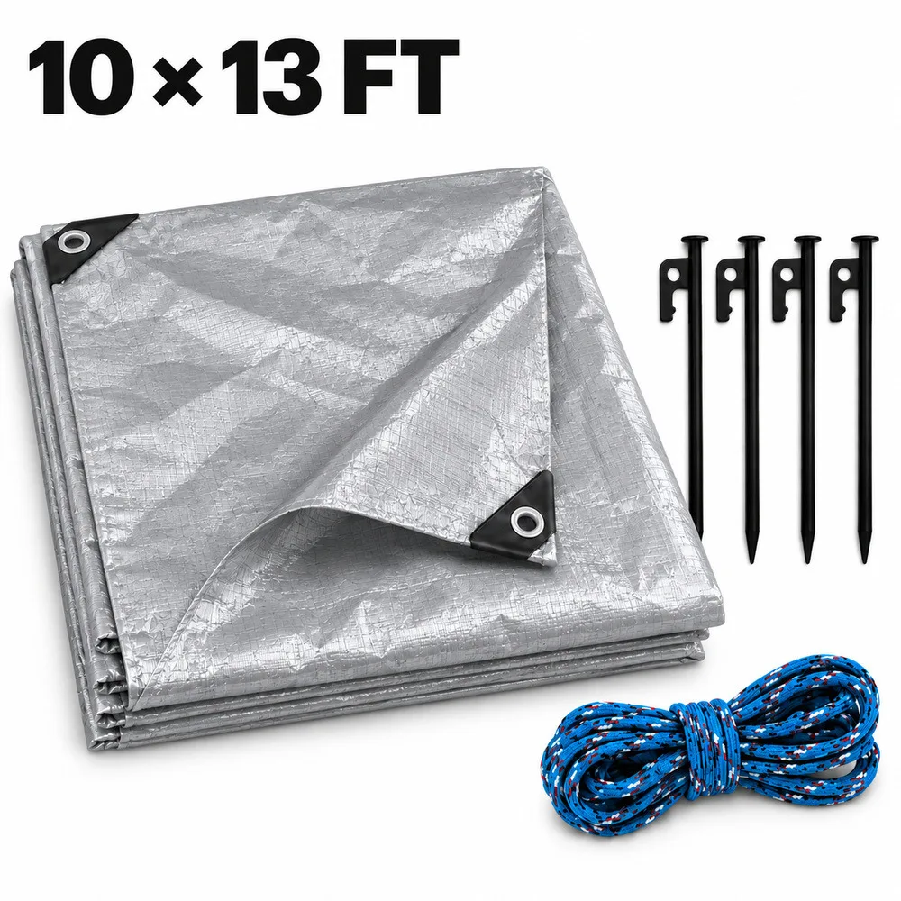 Zoe Waterproof Tarp With 20 Cm Ground Stakes And 5 M Tie Down Rope For Securing Outdoor Covers PE Tarpaulin With Grommets For Patio Furniture Firewood And Yard Equipment
