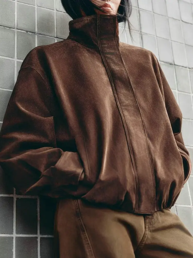 

2025 Autumn Winter Women's American Retro Loose Faux Leather Suede Jackets Lady Vintage Zipper Brown Motor Biker Baseball Coats