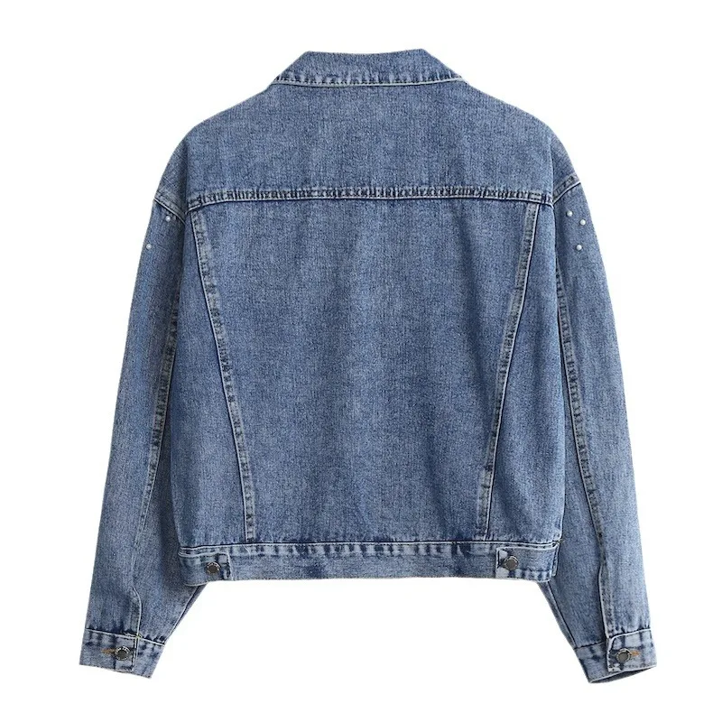 Frauen drehen Kragen einreihige Denim gewaschene Mäntel Langarm Cardigan Jacken Oberbekleidung Grundlagen Diamanten Taschen