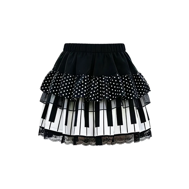 Süßes, cooles A-Linien-Kleid im Lolita-Stil mit Klaviertasten-Print, gepunkteter Spitze, hoher Taille und Ballonrock im Y2K-Stil