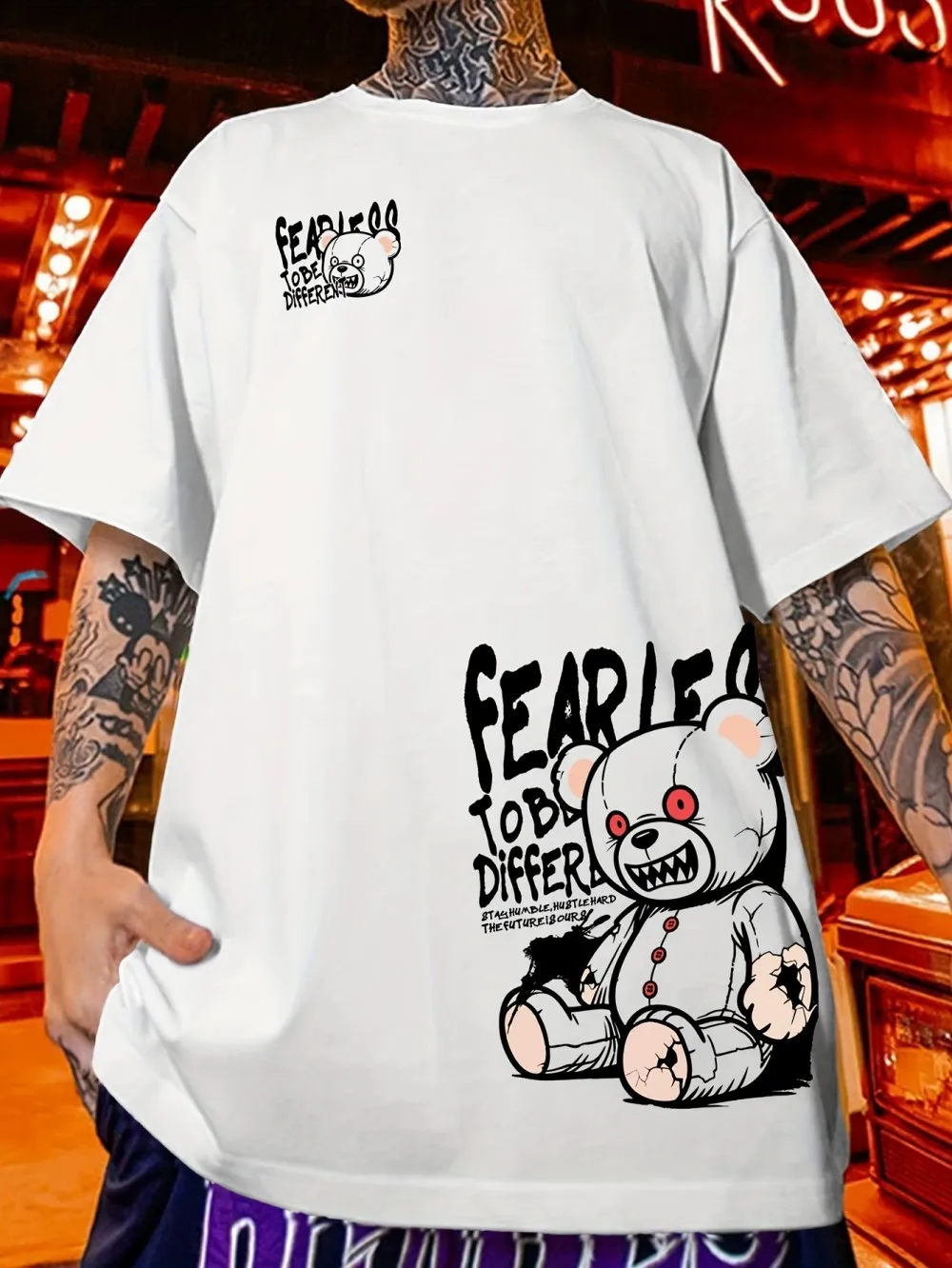 European and American Men's Summer Angry Teddy Bear Letter Print Soft and Breathable Round Neck T-Shirt Outdoor Street Top
