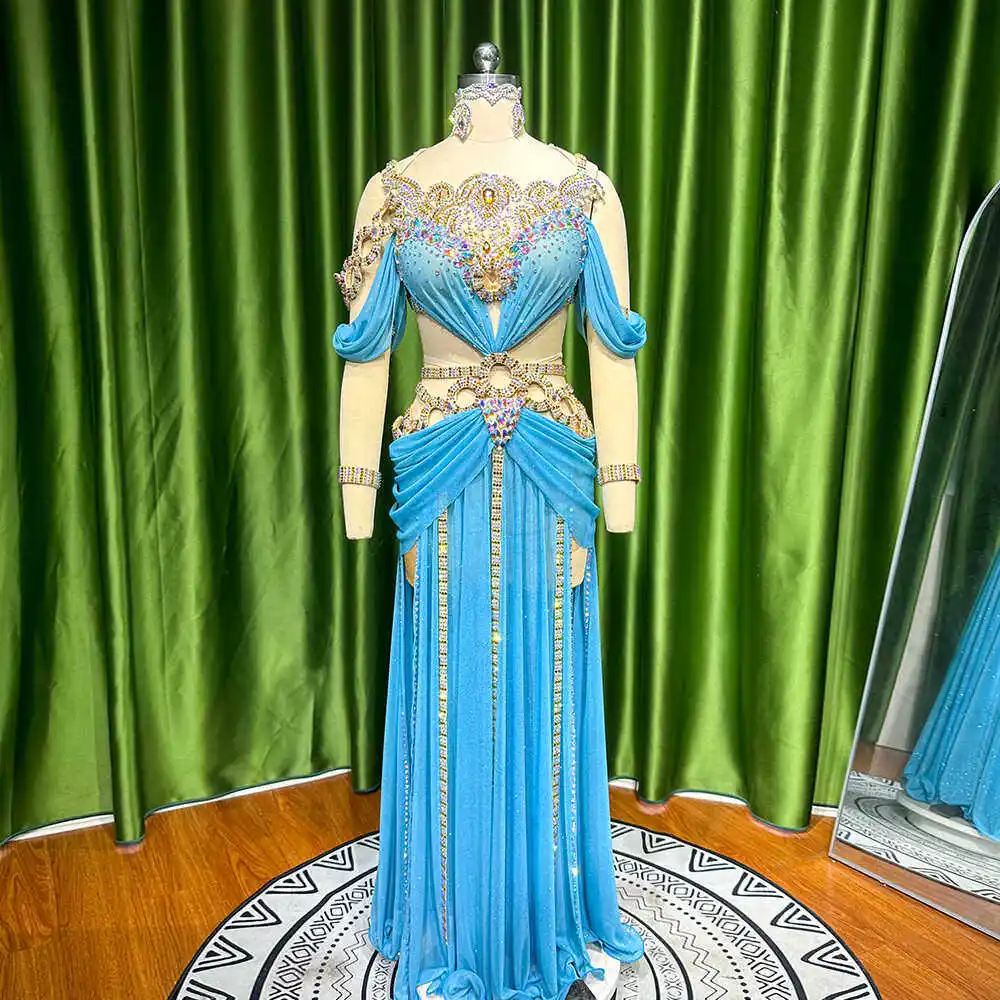 Sky Blue Belly Dance Costume for Women, Rhinestone Embellished Performance Dress, Professional Stage Competition Dancewear