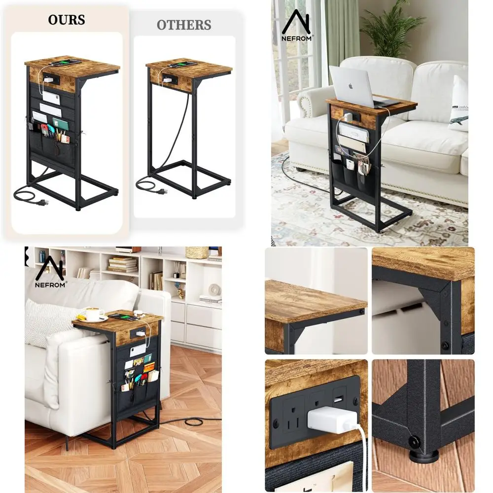 

Pair of C-Shaped Side Tables with Quick Charging and Storage for Living Room and Bedroom, ET-BR-W2