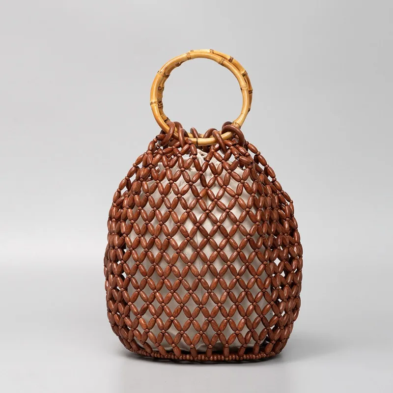 Women's Vacation Style Wooden Bead Bags Cute Bucket Shape Beach Bags Travel Hollow Out Handmade Woven Tote Bag Casual Bolsa