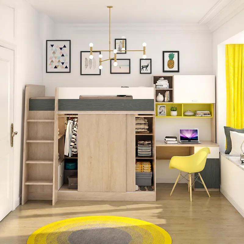 Modern High Low Bunk Bed with Integrated Wardrobe Double Bed Frame Multi Functional Storage Closet Bedroom Furniture