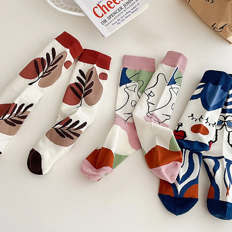 5 Pairs Tide Graffiti Socks Mid Tube Elegant Cartoon Harajuku Style Colorful Trend Oil Art Printing Breathable Casual Socks