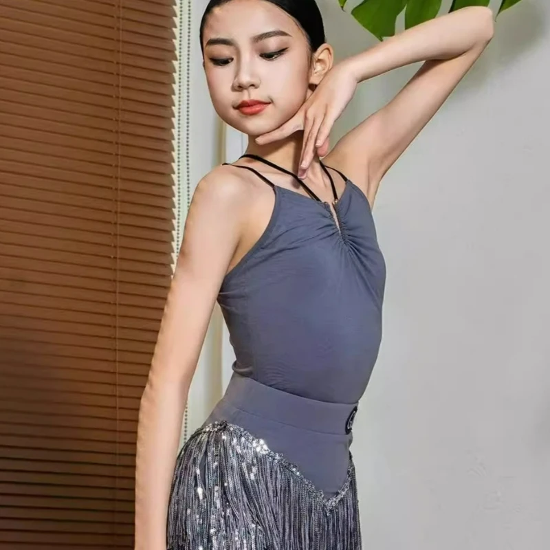 الأطفال اللاتينية الرقص هامش اللباس مجموعة للفتيات عبرت الظهر شرابة Dancewear تشا تشا سامبا الجاز المنافسة أداء زي