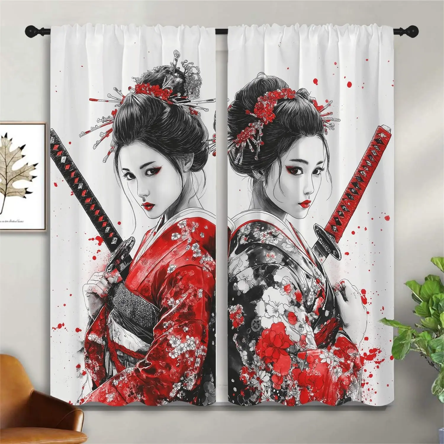 Japanese Female Samurai Boy Girls Blackout Curtains,Kimono Geisha Cherry Blossom Samurai Fashion Style, 2 Panel Rod Pocket
