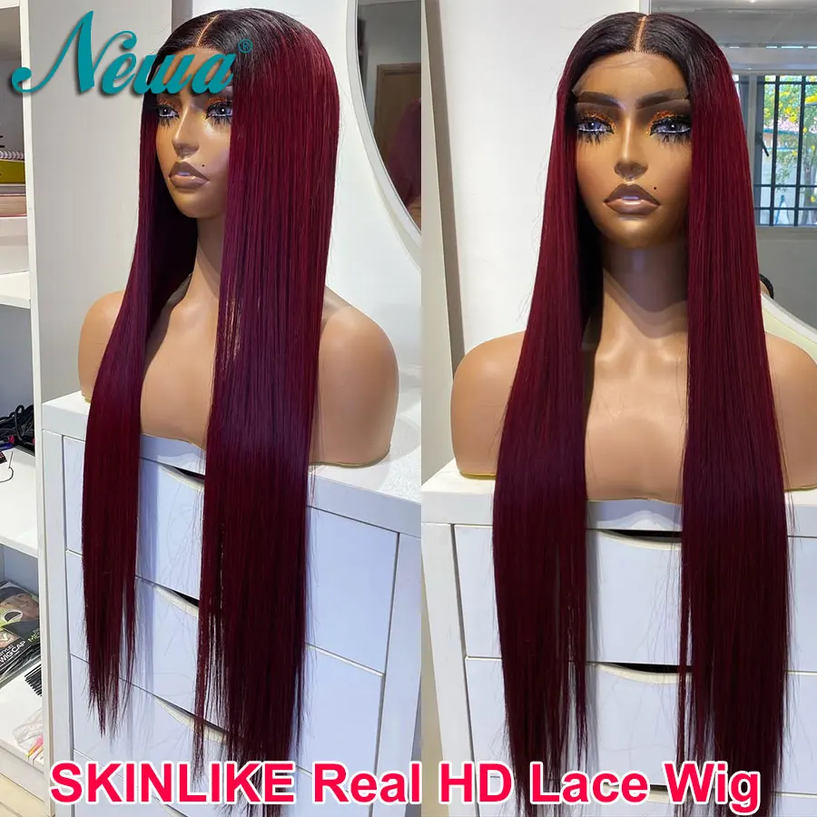 

Newa Hair Ombre Burgundy Color HD Lace Closure Wig 5X5/6X6 Glueless Ready Go Wig Шелковистые прямые человеческие волосы HD Lace Frontal Wigs