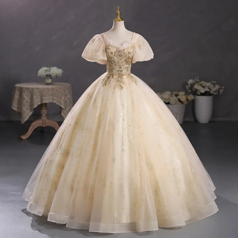 

2023 New Champagne Vestido De Debutante Sweetheart Neck Princess Puff Sleeves Robe De Bal Elegant Floor-length Ball Gowns