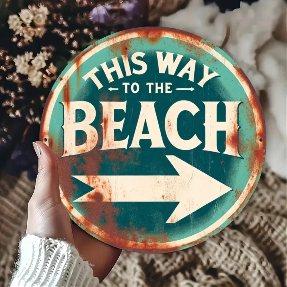 

Ретро This Way to the Beach Металлическая вывеска Винтаж Настенное искусство 20X20CM Круглый алюминий