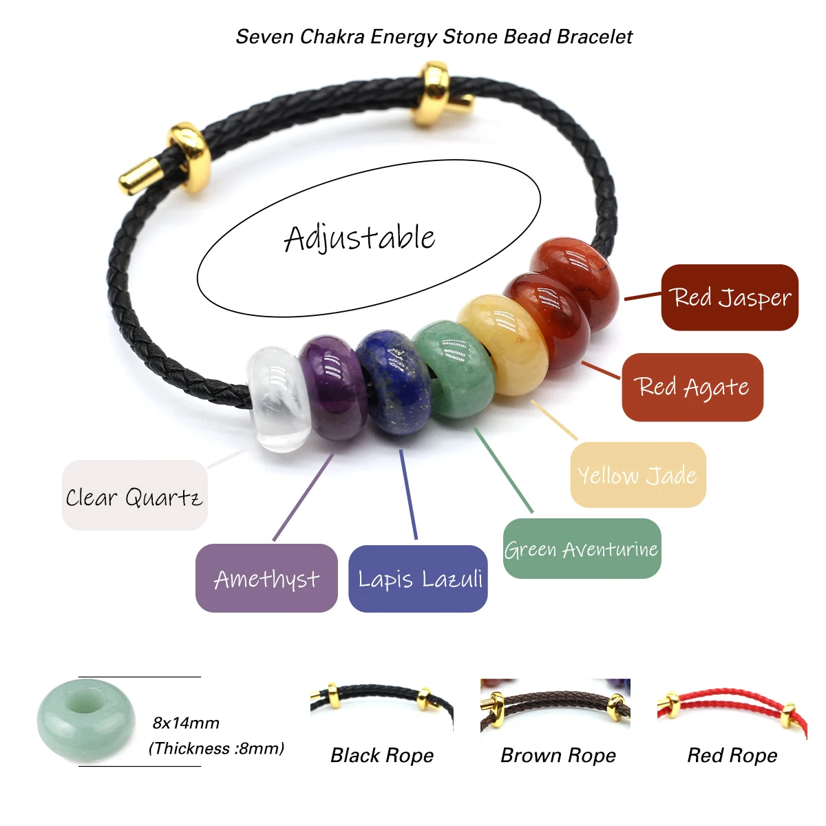 1pc 8x14mm Bead Natural Crystal Agate Seven Chakra Energy Stone Bead Bracelet Charming Women Men Jewelry Accessories Daily Gifts