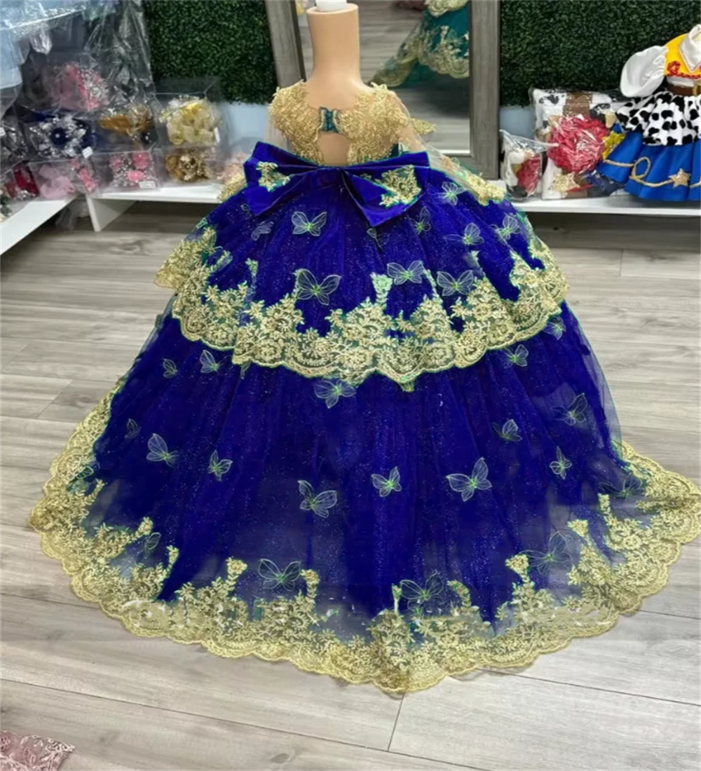 Emerald Green Flower Girls Dress WithGold decal Trailing Butterfly Ball Gown For Birthday Party Beauty Pageant Gown