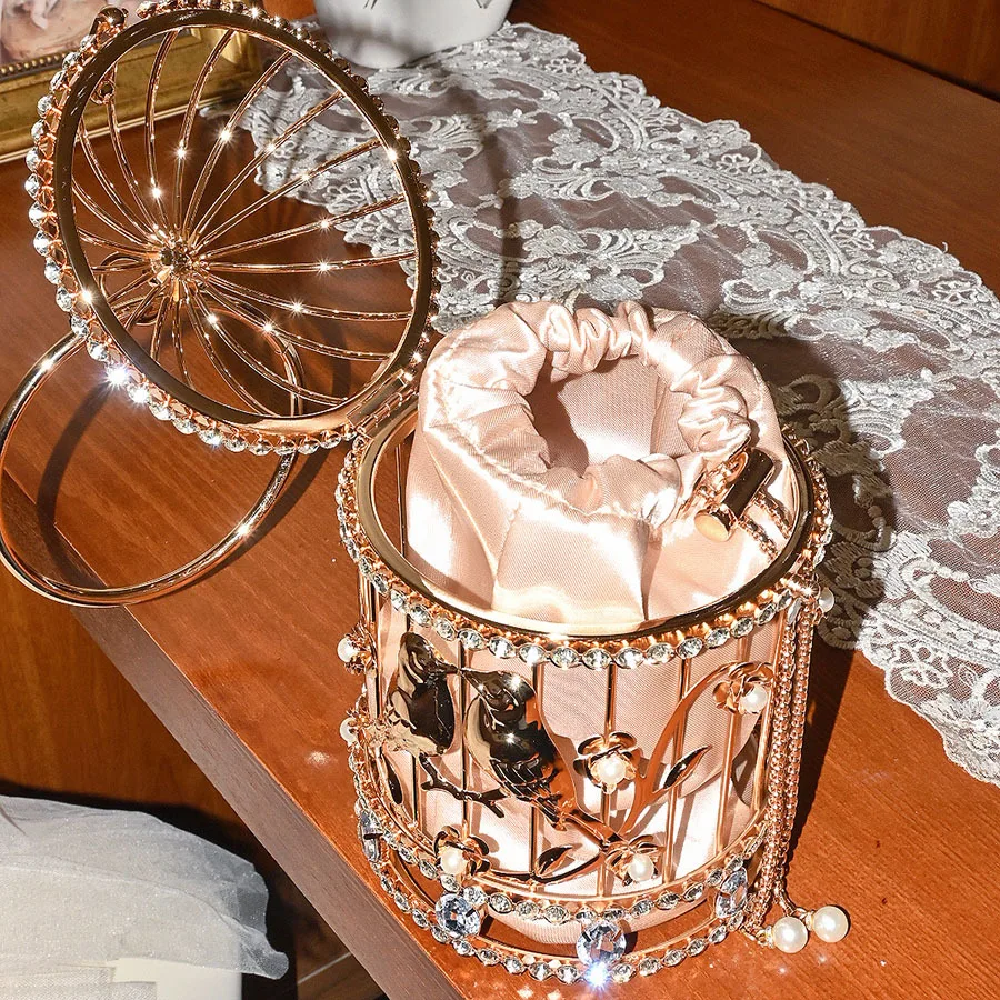Luxury Metal Hollowed Out Birdcage Bag With Sparkling Diamond Studded Flower Women's Handbag High-Quality Evening Dinner Bag