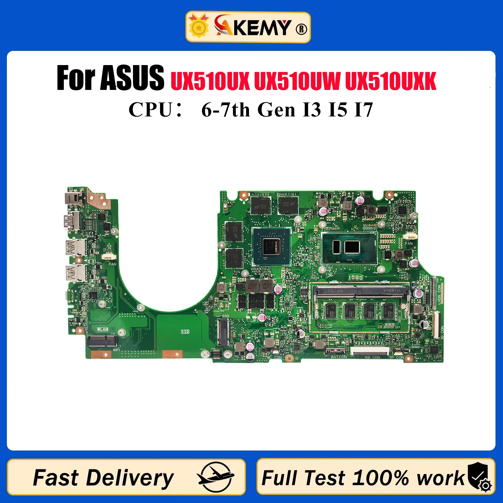 

UX510UX Материнская плата для ноутбука ASUS ZenBook UX510U U5000U V510U UX510UX UX510UW UX510UXK UX510UWK Материнская плата с процессором I3 I5 I7