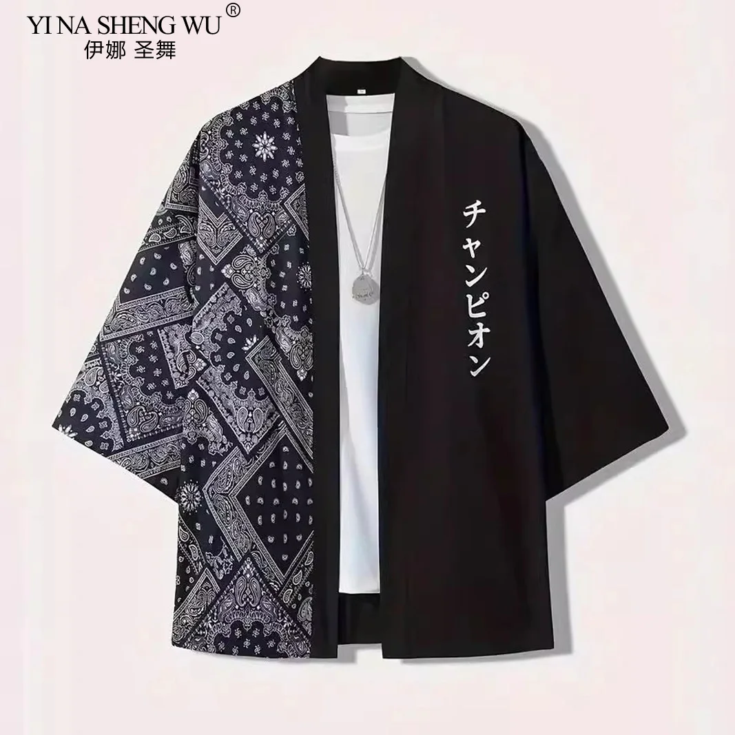 2024 Summer New Shirt Chinese Style Japanese Style Harajuku Style Hip Hop Ins Cashew Kimono Loose Three-quarter Sleeves