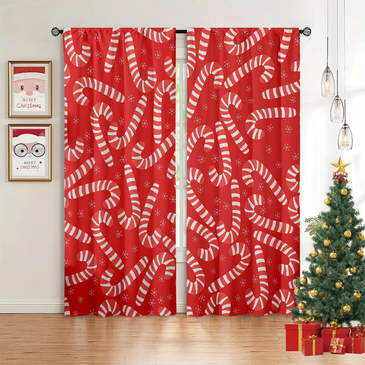 2pcs Christmas-Themed Print Curtains, 100% Polyester, Light-Filtering Curtains For Holiday Party Decor, Machine Washable.