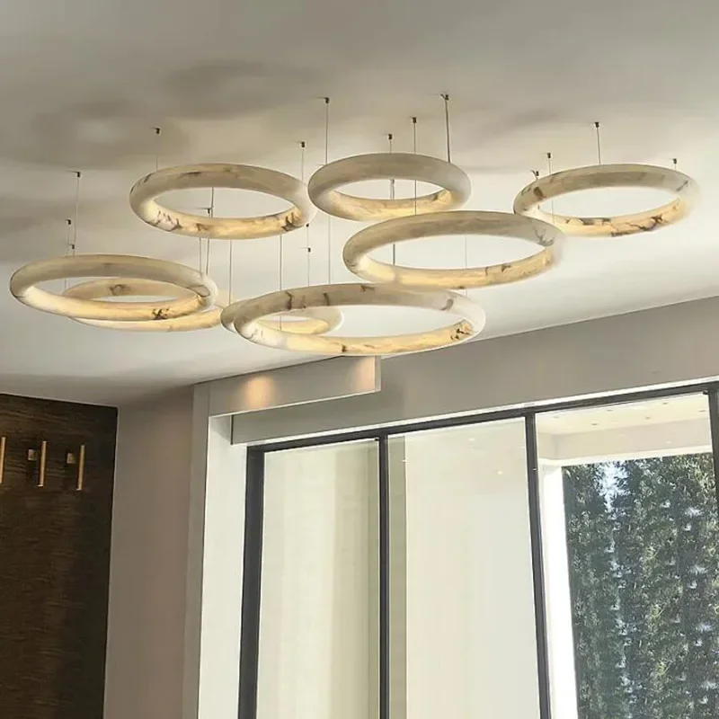 Modern Ring Circle Design Alabaster Chandeliers Living Room Kitchen Island Hanging Lamp Luxury Marble Pendant Light