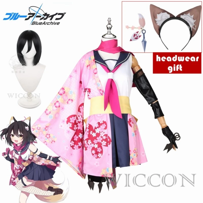 

Game Blue Archive Kuda Izuna Cosplay Costume Wig Cute Printed Kimono Uniforms Activity Party Role Play Clothing WICCON