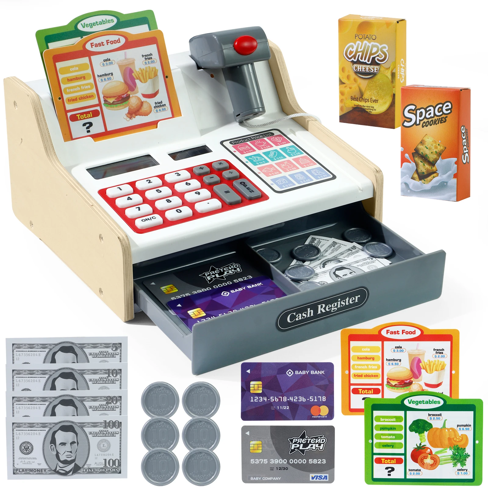 Wooden Pretend Play Cash Register: Real Calculator Included, Great Learning Toy & Holiday Gift