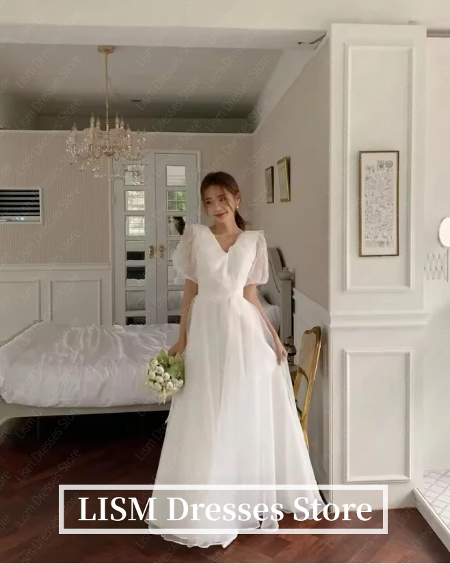 LISM ヴィンテージ韓国ウェディングドレス プロムドレス カスタマイズされたフリルレース半袖イブニングパーティードレス ブライダルレセプションドレス
