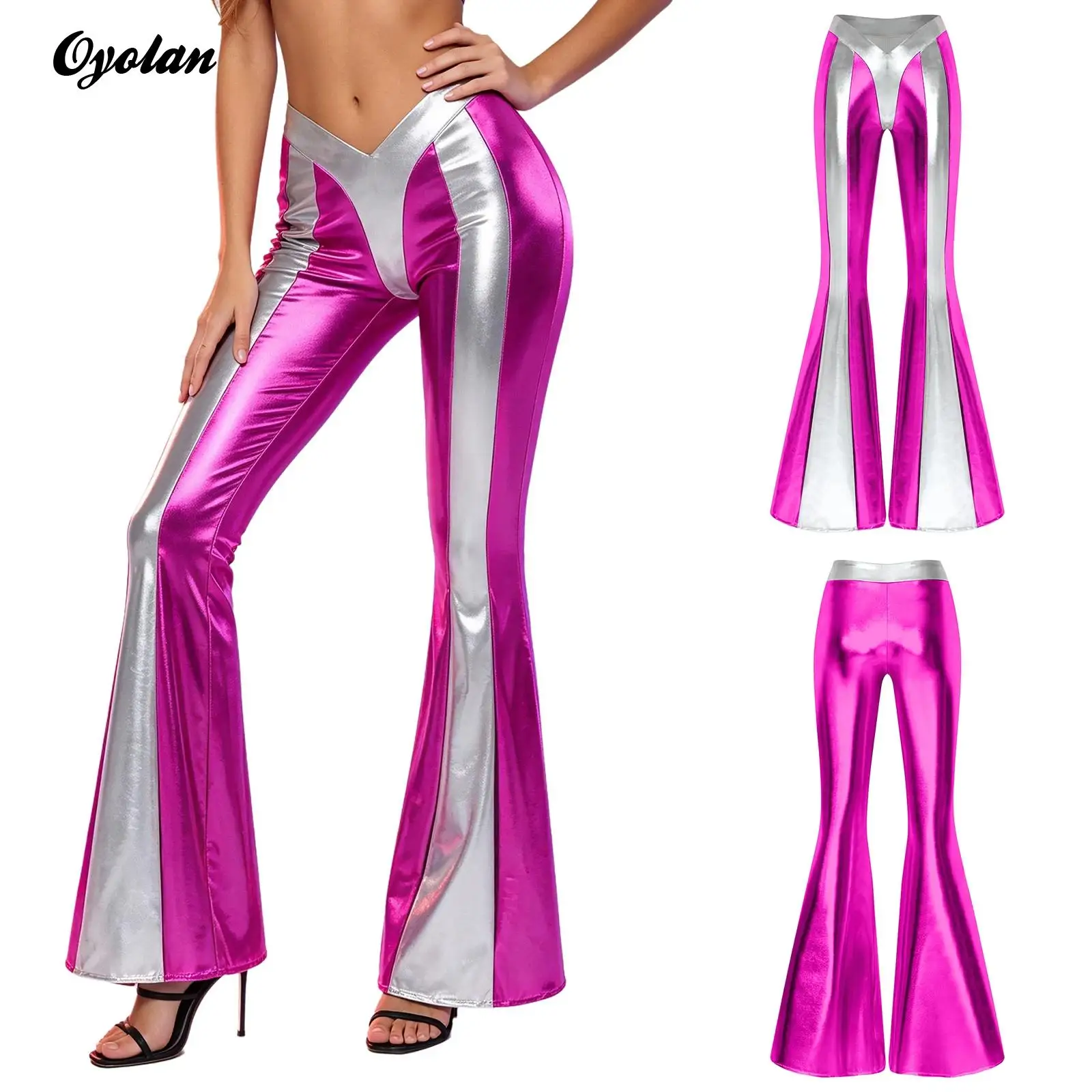 Womens Shiny Metallic Flare Bell‑Bottom Pants Retro 70s Disco Outfit Metallic Splicing Flare Trousers Party Stage Dance Costume
