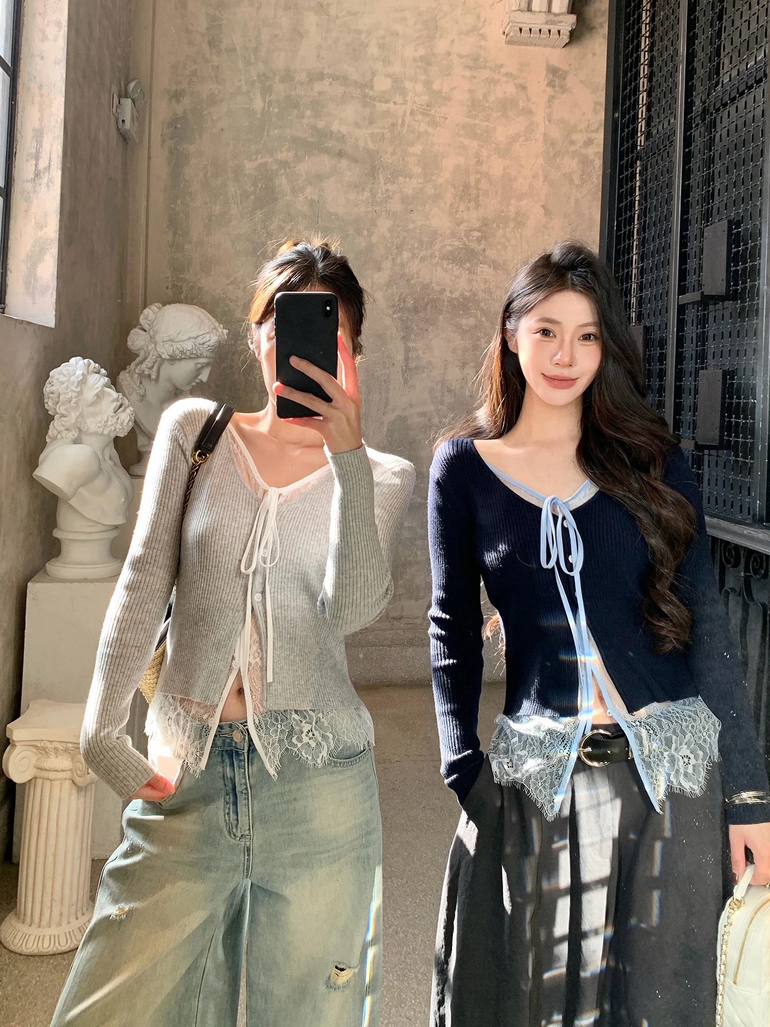 

Slim Fit Lace Splice Knitted Cardigan V-Neck Fake Two-Piece Women's Fashion Casual Long Sleeve Polyester Nylon Acrylic Wool B...