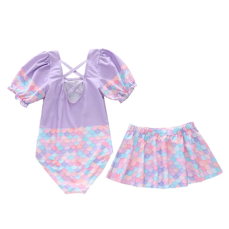 HappyFlute Fashion Style  2Piece Set Short Sleeve With Cute Skirt Mermaid Print Sunscreen Beach Travel Swimsuit