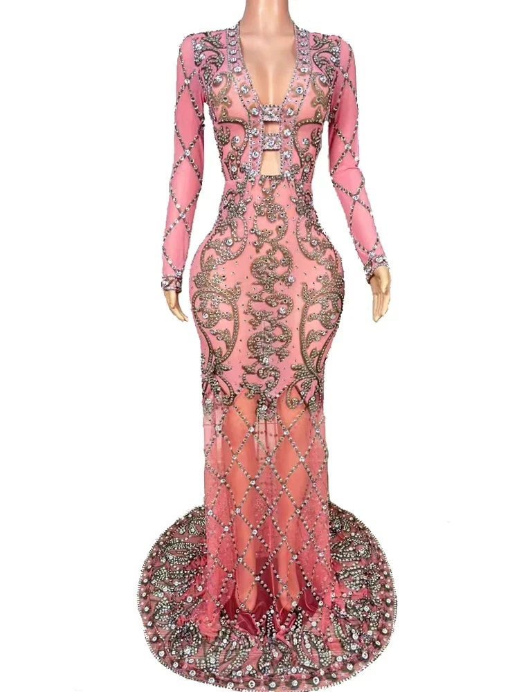 

Luxury Women Floor Length Evening Prom Party Dress Crystal Wedding Photoshoot Dress Elastic Mesh Sing Stage Performance Costume