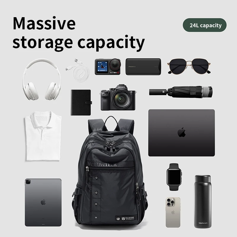 VOLUNTEER 24L Waterproof Travel Backpacks for Men Oxford Cloth Laptop School Bag Casual Large Capacity Black Backpack 1876-03