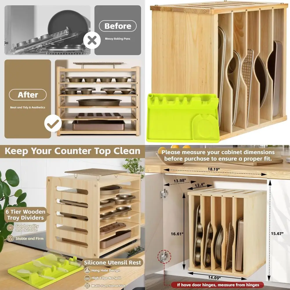 

Vertical Wooden Baking Tray Organizer with 6 Shelves: 16.61W x 12.4D x 14.09H for Kitchen Storage of Pans, Cutting Boards, and M