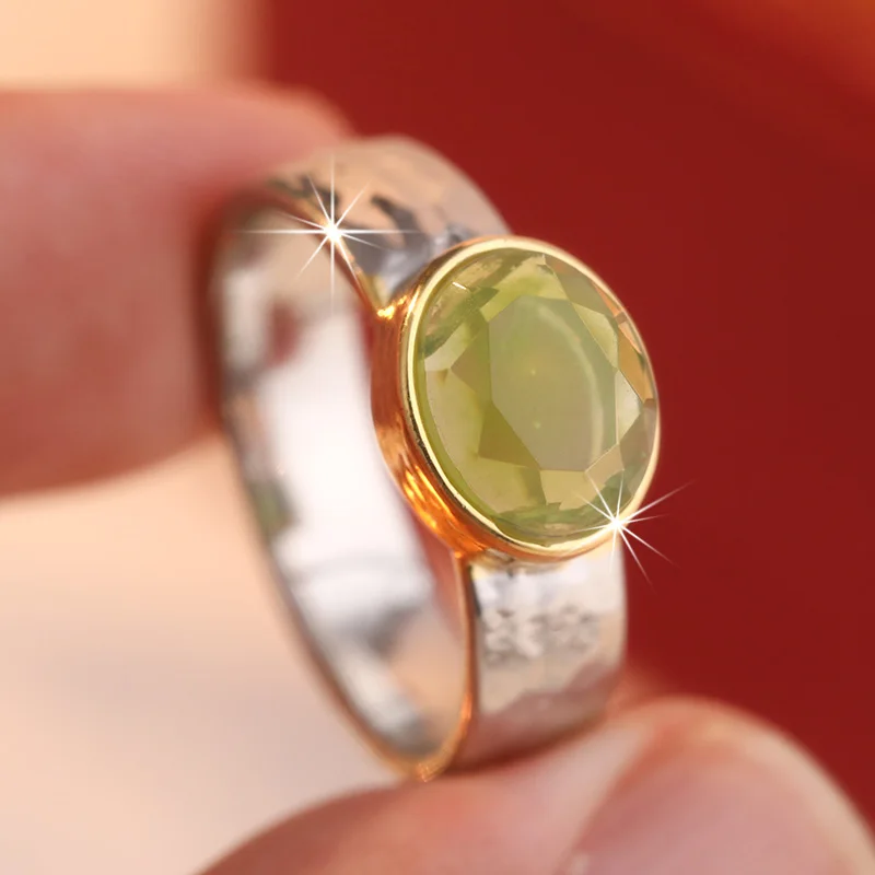 Classic Inlaid Green Stone Women's Ring Trendy Two Color Geometry Daily Wear Party Jewelry Anniversary Gift