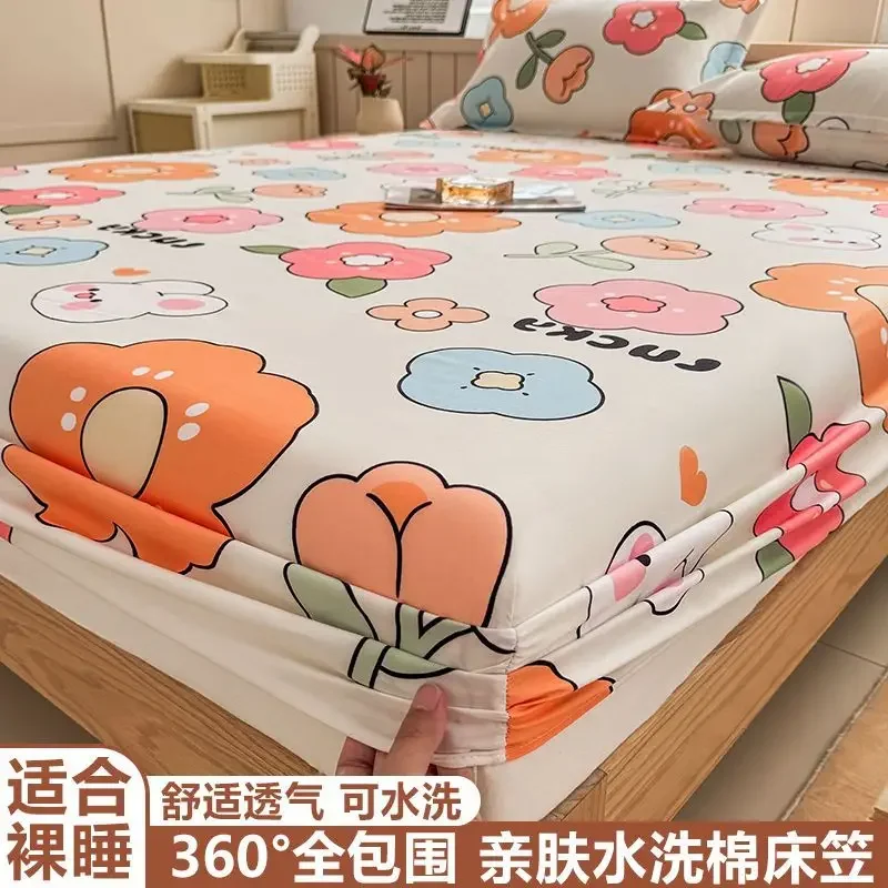 New Washed Cotton Bed Sheet Single Piece Household Bed Cover Fully Wrapped Simmons Mattress Protective Cover