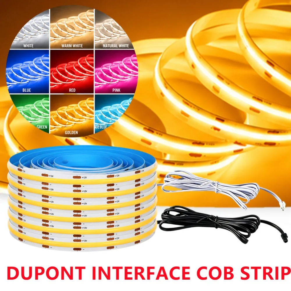 0.5-5m Soft Cuttable Dupont Interface COB LED Strip Light DC12V 24V 320LEDs/m 8mm Adhesive Flexible Tape Red Green Blue Pink