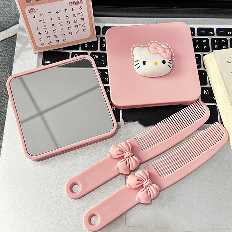 Pink Kitty Loopy Makeup Mirror With Comb Cartoon Quadrate Handle Cosmetic Mirror For Girl Gift Cosmetic Tools Vanity Miror