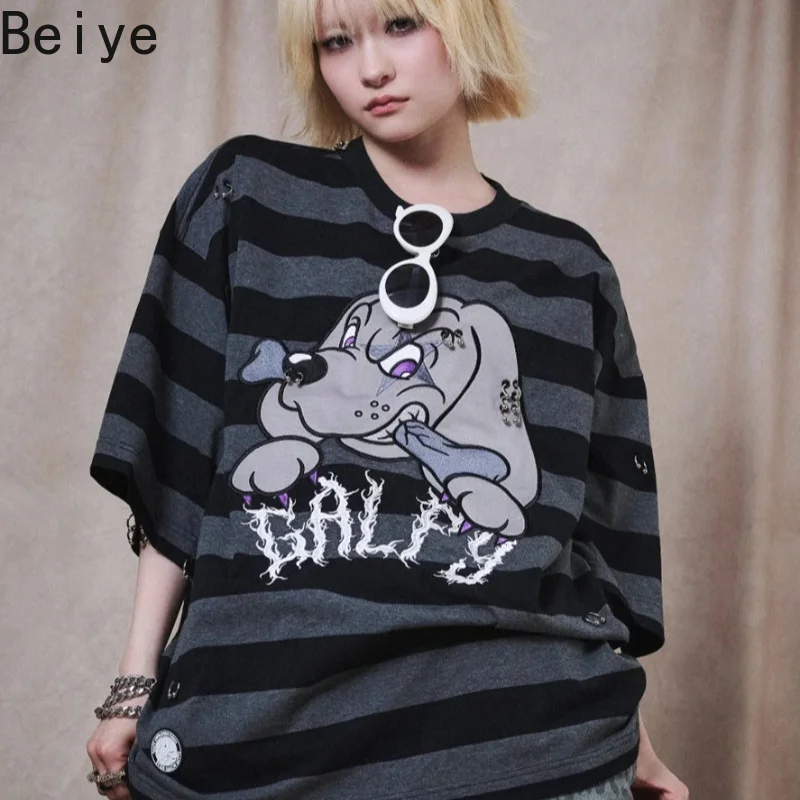 Japanese Harajuku Style Short Sleeved T-shirt Female Cartoon Embroidery Loose Striped Tops Women's High Street Casual Tees