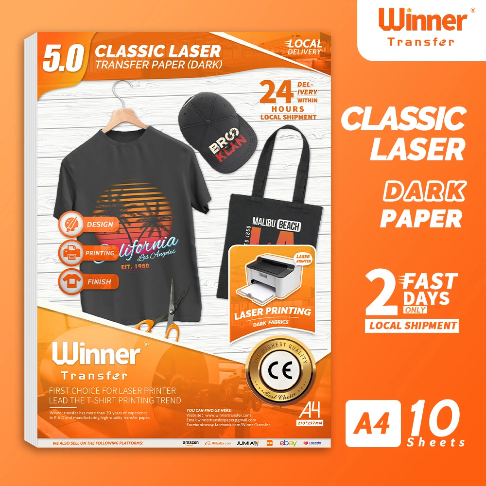 WinnerTransfer Heat Transfer Paper for Dark Fabric for Laser Printer Iron Paper for Clothing Transfer Printing Paper A4 10Sheets