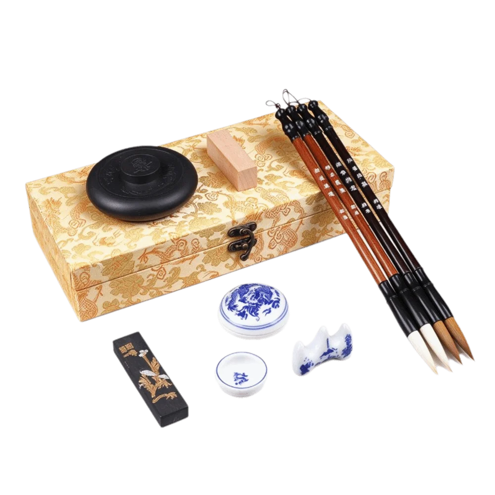 11 pcs Brush Pen Chinese Calligraphy Set Ink Stick Complete Set Calligraphy Writing Kit Traditional Design Silk Brocade Box