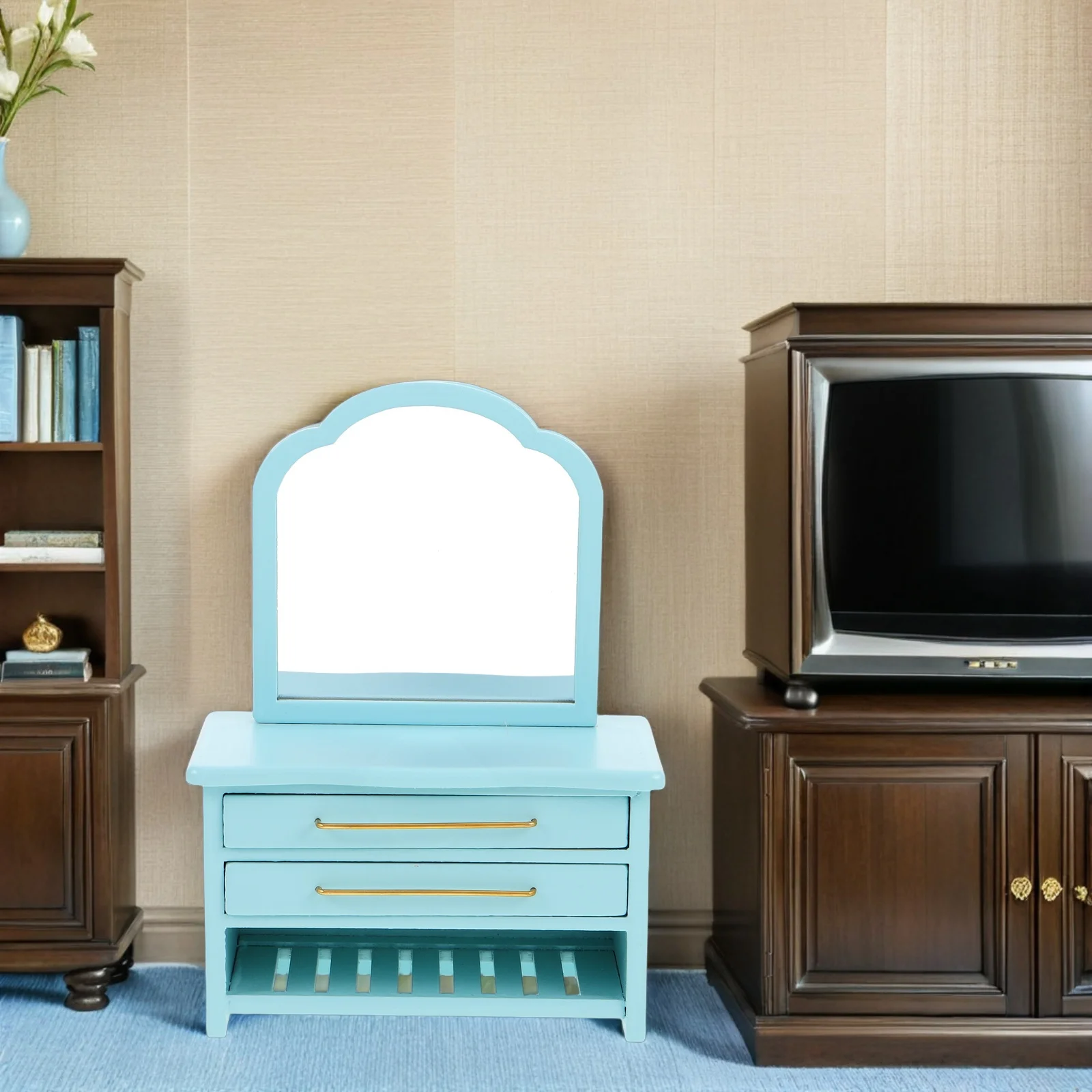 Mini armoire de salle de bain bleue, Table de vanité en bois, miroir, maison de poupée, accessoires de salle de bain, meubles décoratifs, Mini armoire