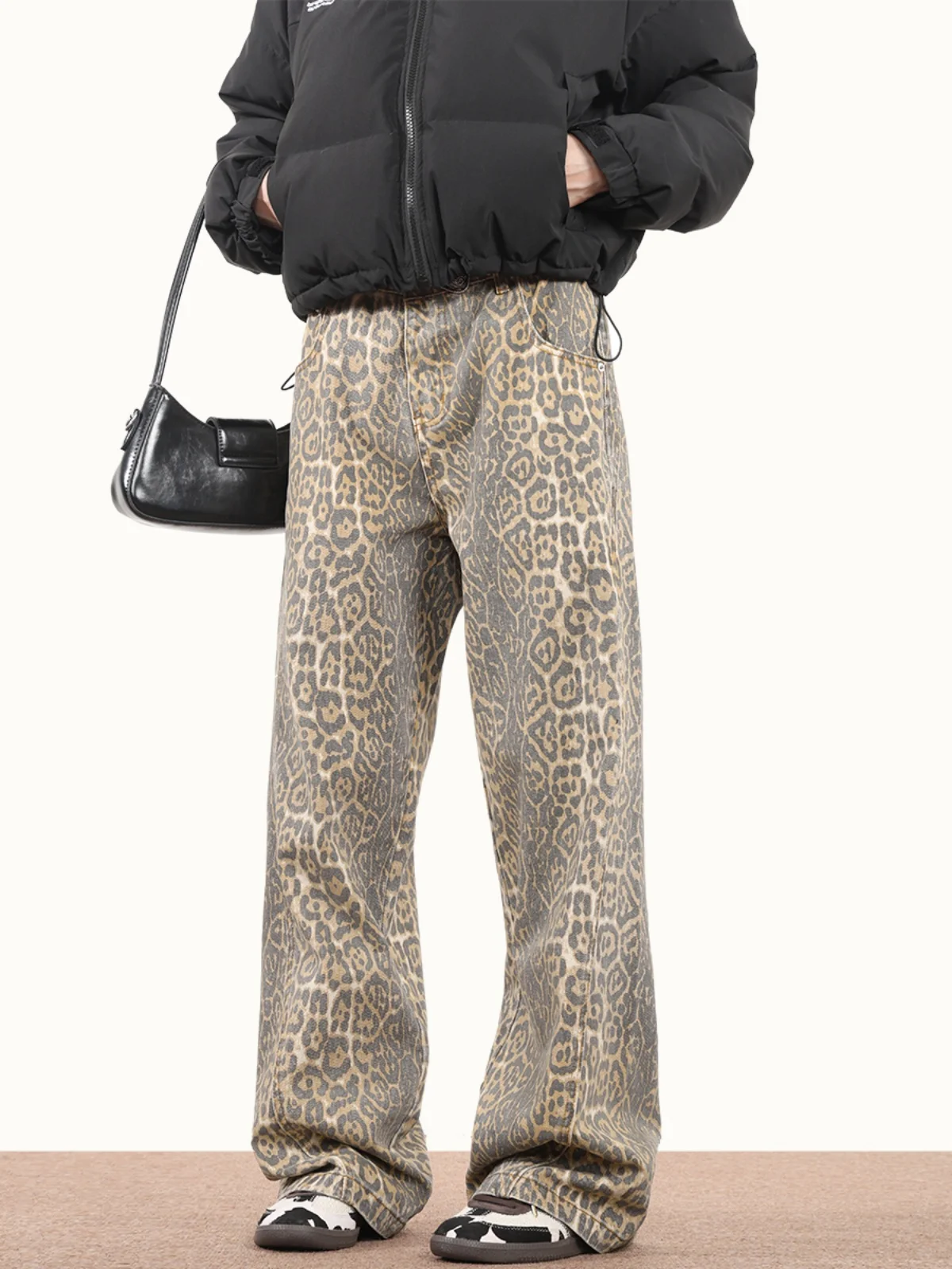 Imagem -06 - Jeans Estilo Americano com Estilo Leopardo para Mulheres Cintura Alta Perna Reta Solta Calça Casual Retrô Y2k Garota Gostosa