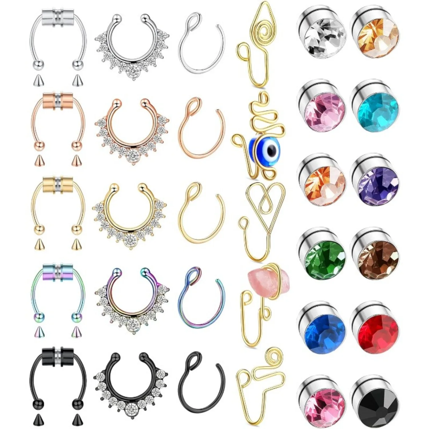 

Bobisty 32Pcs Fake Septum Nose Ring Stainless Steel Lip Stud Fashion Fake Nose Ring Hoop Shiny Non-Piercing Clip for Women