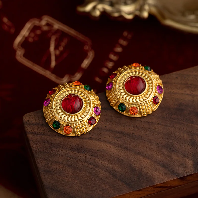 Vintage Medieval Court Style Colored Rhinestone Round Circle Stud Earring Inlaid Crystal Ear Stud for Women Luxury Jewelry Gift