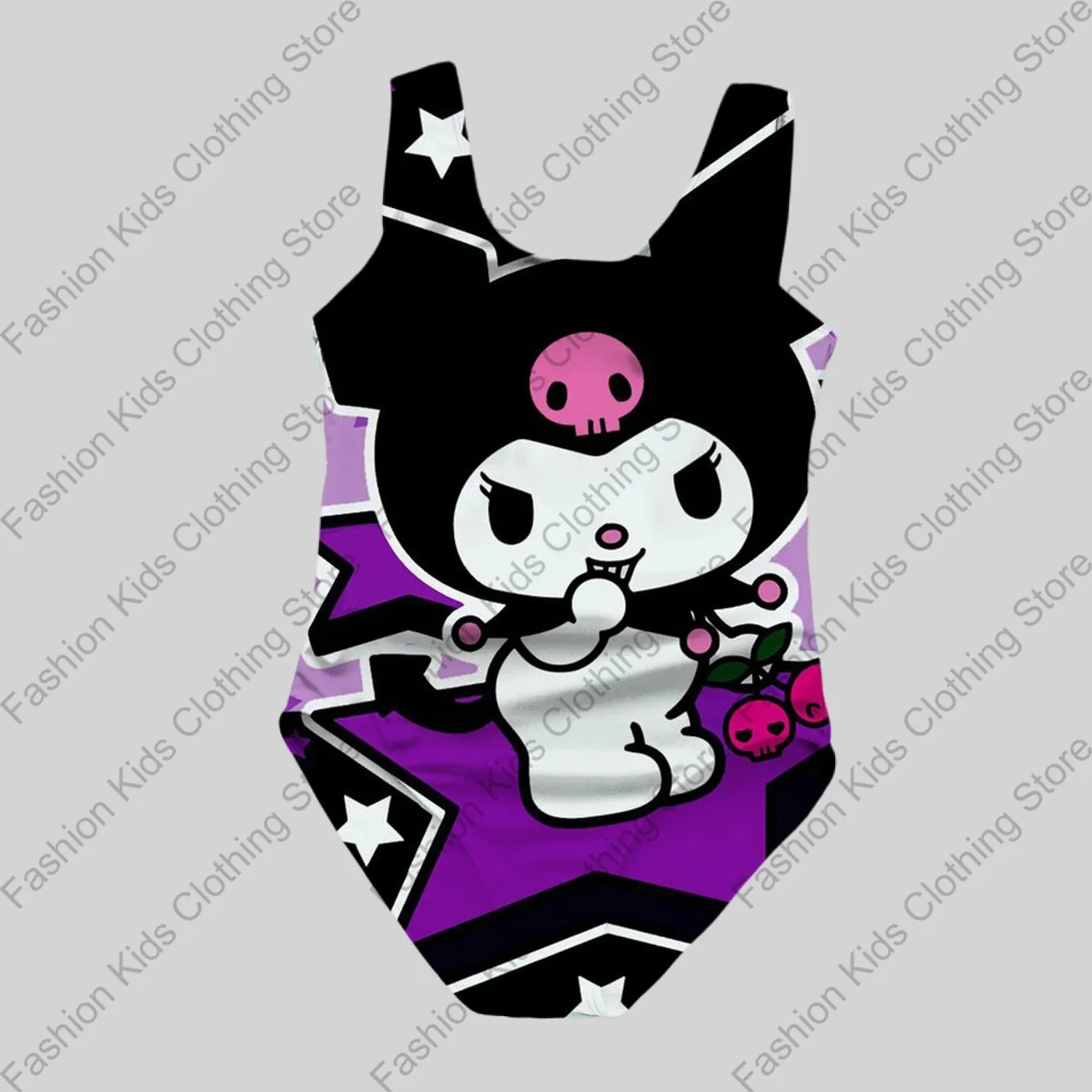 MINISO Girls Summer One-Piece Swimsuit Fashion Cartoon Cute Kuromi 3d Print Women Swimwear Girls Sleeveless Girls Swim Clothing