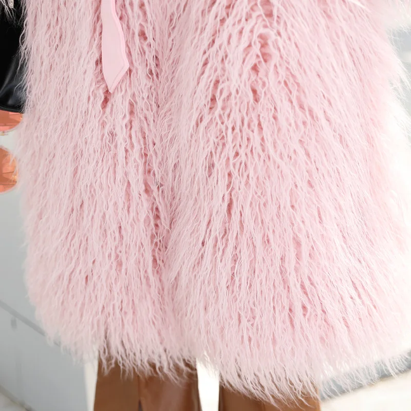 2022 Winter Women Long Elegant Faux Sheep Fur Coat with Belt Female Luxury Fluffy Pink Artificial Fur Jacket Outerwear