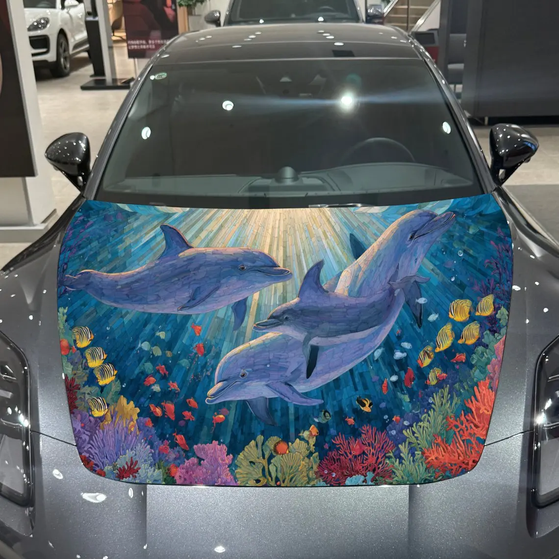 Coral Dolphin Visual Wonder Journey PVC Car Hood Wraps, Self-Adhesive Waterproof Car Bonnet Decal Sticker, Car Decoration Protec
