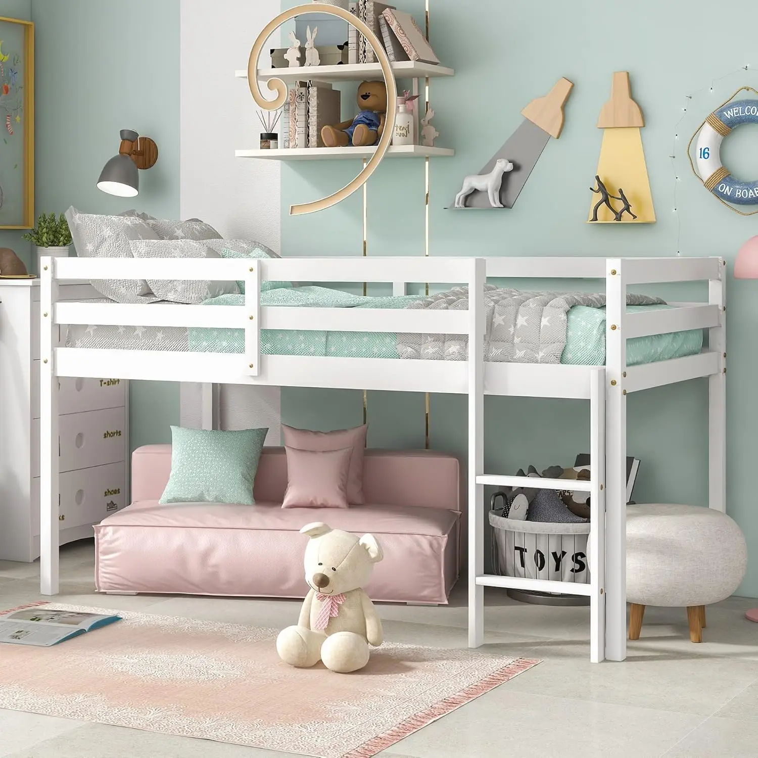 Loft Bed for Kids with Ladders and Guard Rails Solid Wood and Sturdy Low Loft Bed Frame for Boys Girls and Junior No Box Spring