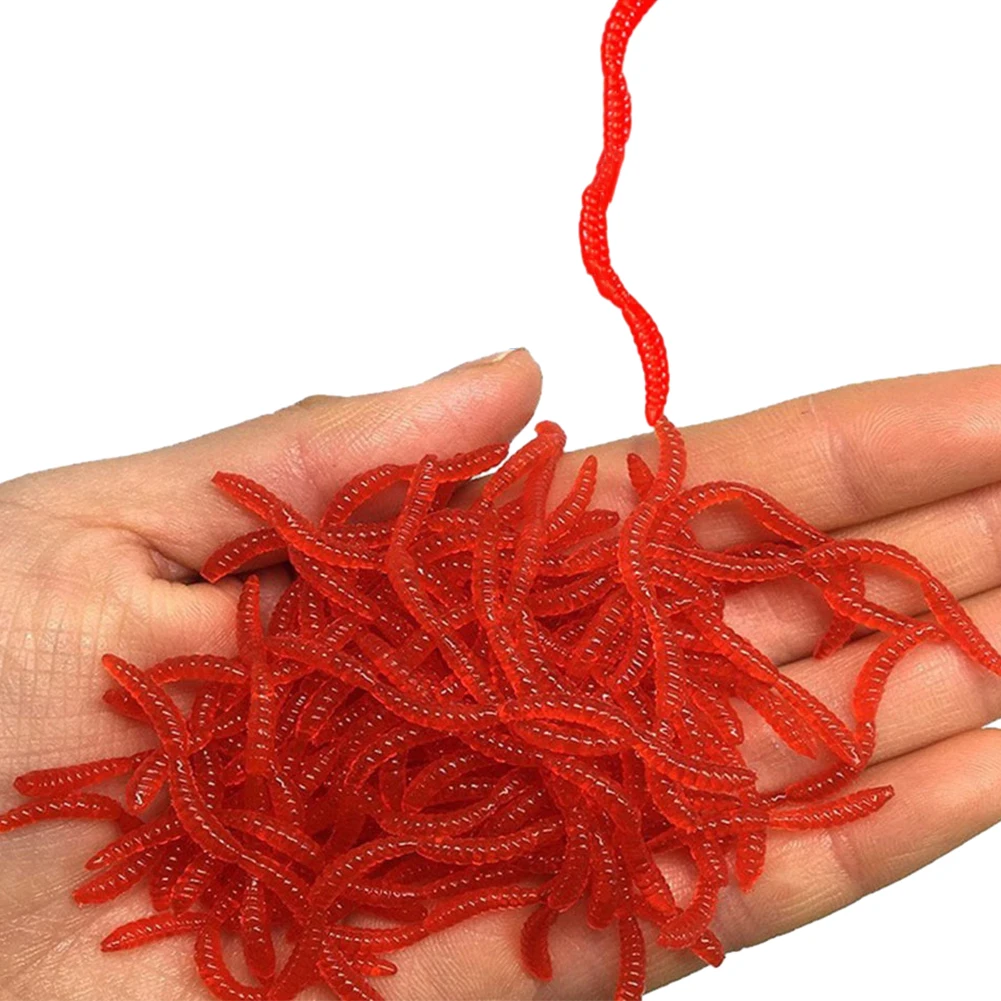 100pcs Red Worm Lure Lifelike Earthworm Wacky Stick Fishing Lures Fishy Smell 5cm/1.97in Red Worms Soft Bait Fishing Accessories