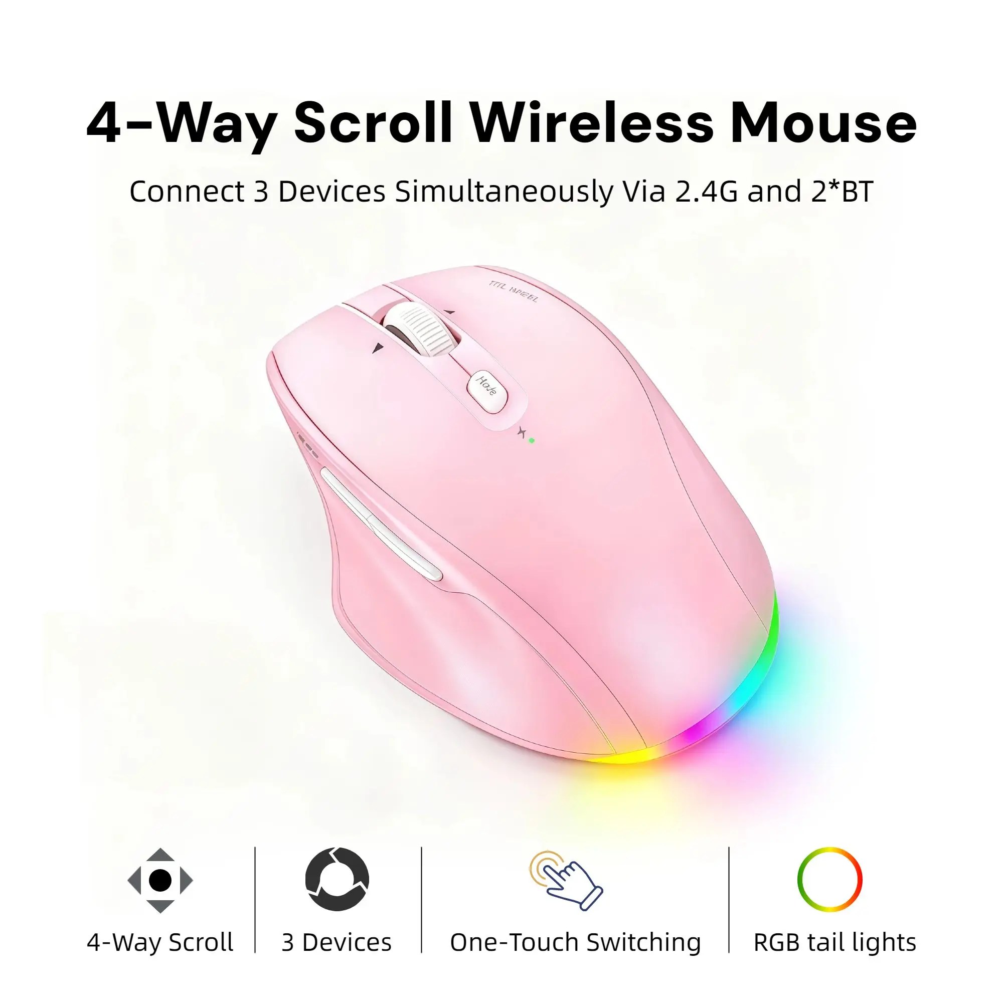 Ergonomic Wireless Mouse, Tri-Mode Bluetooth 2.4G Multi-Device, USB-C Rechargeable 4-Way Scroll Wheel, RGB Backlit, 4 Adjustable DPI 800-2400, Quiet Office Mouse for PC Mac Tablet